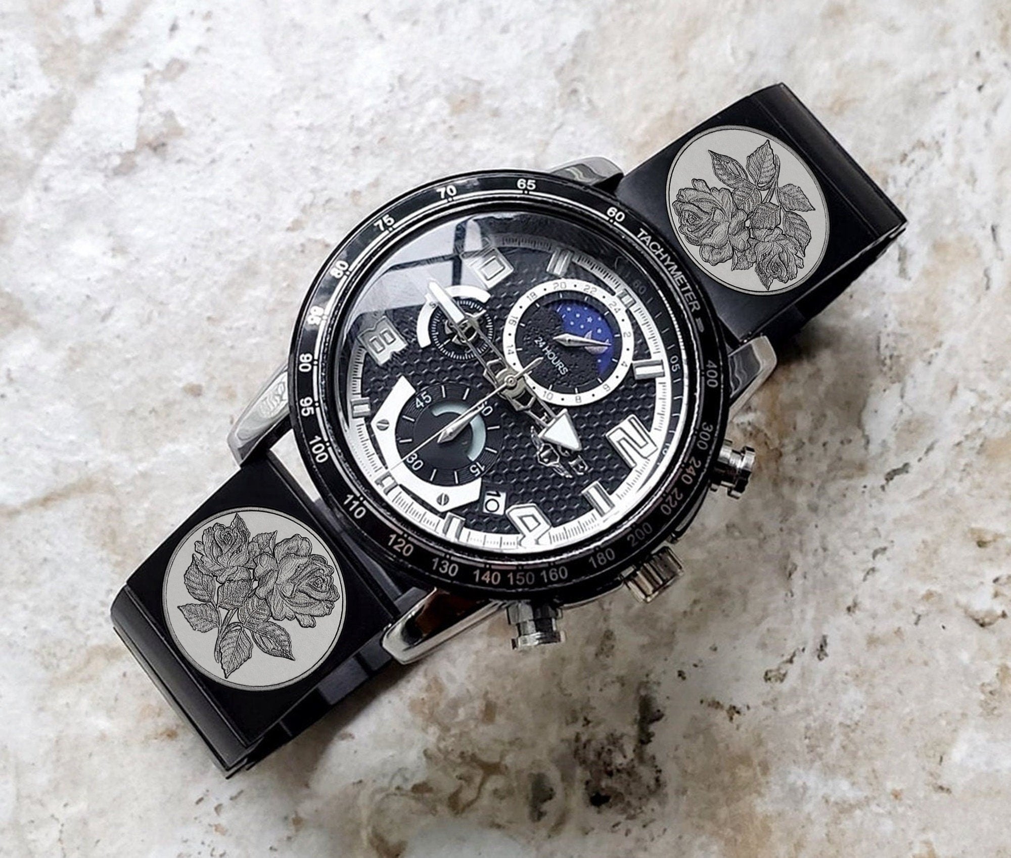 Roses Floral Engraved Watch Band for 22mm Width Lugs Traditional Casual Luxury and Smartwatches Black Stainless Steel Strap Bracelet RS1